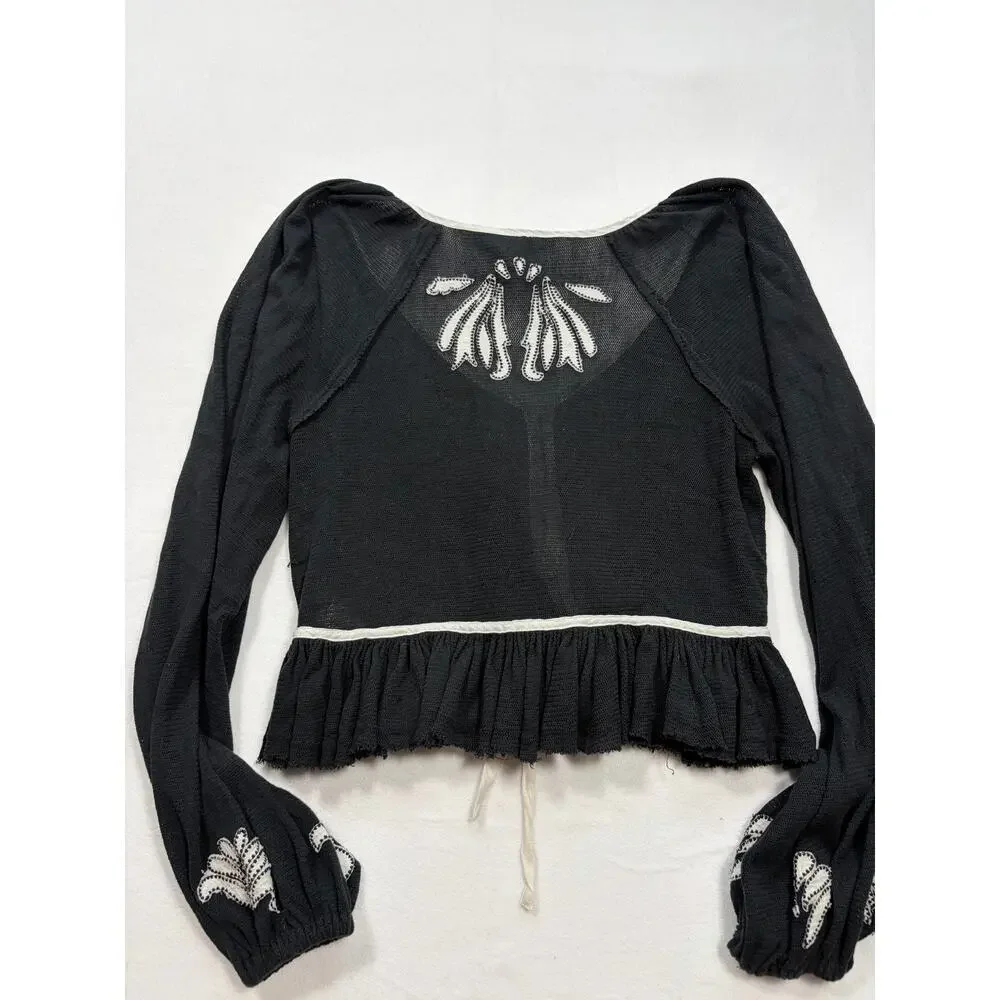Free People Black Embroidered Tie Front Peplum Crop Top Small Boho Puff Sleeve